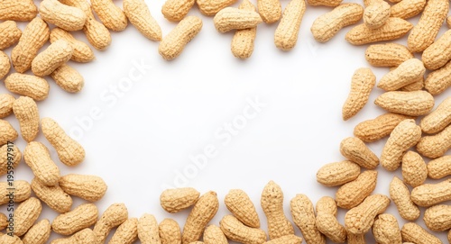 Fresh shelled peanuts arranged loosely over a white backdrop