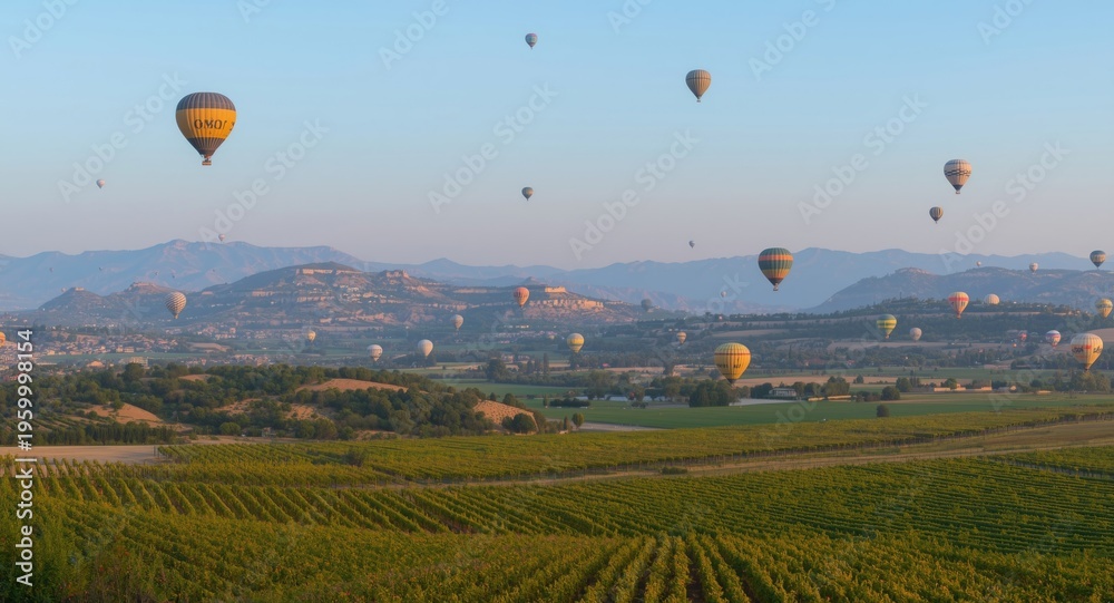 Naklejka premium Evening panorama with hot air balloons above thriving vineyards