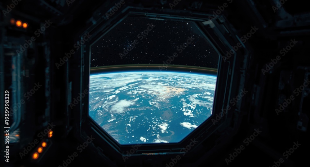 Fototapeta premium Looking outward at Earth through a transparent space station window