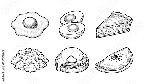Set of egg dishes for breakfast menu. Fried, boiled, scrambled eggs, omelette, benedict and pie. Vintage vector illustration in engraving sketch style for restaurant or cafe design.