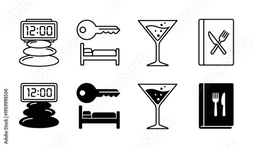 A set of hospitality vector icons for travel and leisure. Includes hotel, spa, restaurant, and bar symbols in both line and solid glyph styles. Perfect for web or app design.
