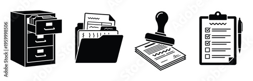 A simple black vector icon set for office work. Includes a filing cabinet, document folder, stamp, and checklist. Perfect for business, administration, and bureaucracy themes.
