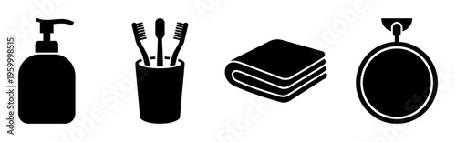 A set of black vector icons for bathroom and hygiene themes. Includes a soap dispenser, toothbrushes, towel, and towel ring. Perfect for web design, app UI, and infographics.