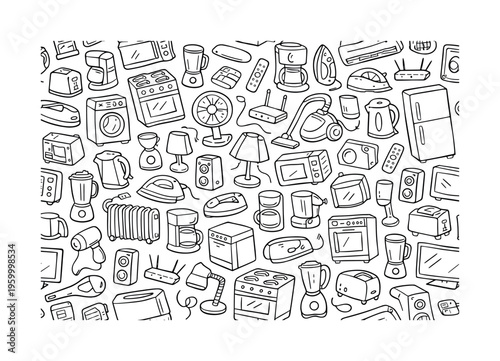 Basic home appliances doodle pattern with refrigerator, washing machine, microwave, oven, toaster, kettle, coffee maker, vacuum cleaner, iron, fan, air conditioner, heater, blender