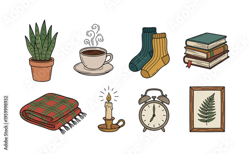 A vector illustration set of cozy home objects representing a hygge lifestyle. Perfect for autumn and winter themes, self-care blogs, and relaxing design concepts.