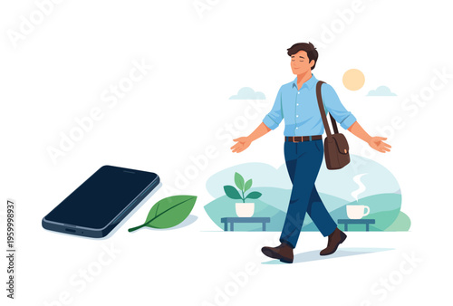 A digital detox and mindful technology usage scene showing a relaxed professional stepping away from devices beside a simple turned-off smartphone and a minimal leaf element