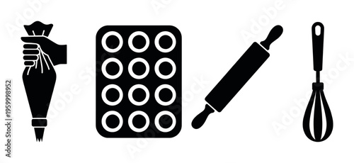 Set of black baking icons. Includes a piping bag, muffin tin, rolling pin, and whisk. Perfect for culinary websites, bakery menus, recipes, and cooking app design. Vector.