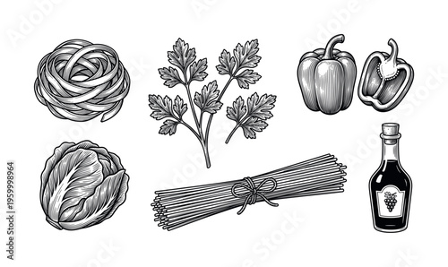 A vintage set of Italian food ingredients illustration in an engraving style. Includes pasta, pepper, and vinegar. Perfect for retro menus, packaging, or restaurant branding.