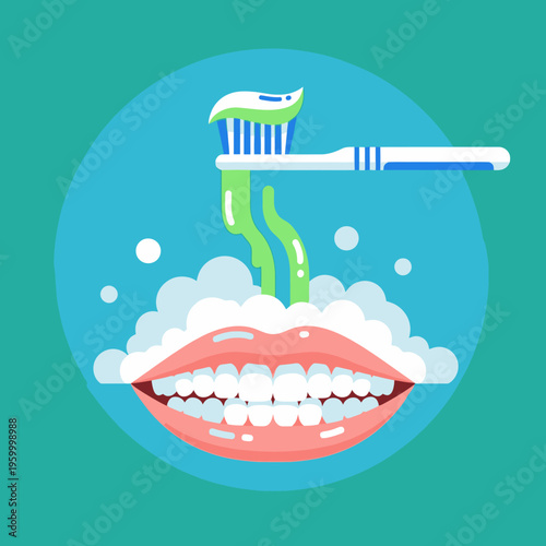 Teeth with toothbrush and toothpaste foam.