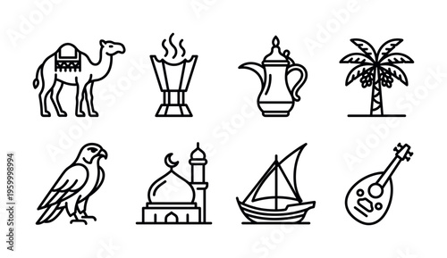 A set of Arabic culture and Islamic tradition icons. Includes camel, mosque, falcon, and Dallah symbols. Minimalist outline style for travel, web, and design projects.