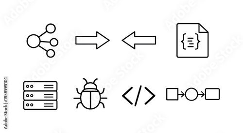 Api testing and development: api endpoint node, request arrow, response arrow, json file, server stack, bug icon, code brackets, integration flow diagram