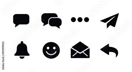 Chat messaging interface: speech bubble, double chat bubbles, typing dots, paper plane send, notification bell, emoji smile, message inbox, reply arrow