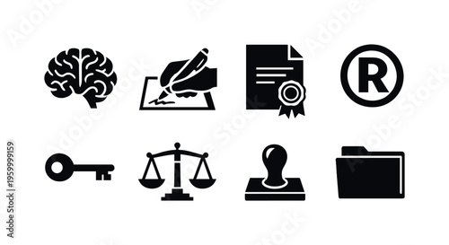 Creative ownership and rights: brain, pen signing document, contract paper, seal stamp, registered symbol, key, legal scales, document folder