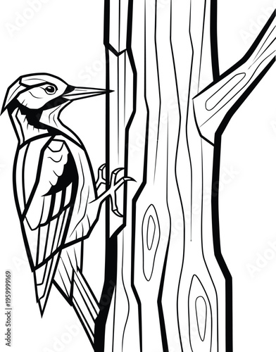 Woodpecker perched on a tree trunk looking sideways in black and white illustration style