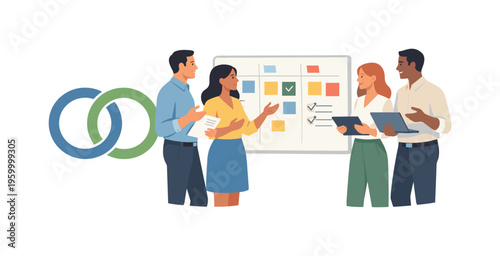 A cross-functional collaboration and departmental synergy scene showing professionals aligning ideas beside a simple interlocking rings symbol and a shared task board element