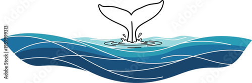 Whale tail emerging from ocean waves in a simple illustration