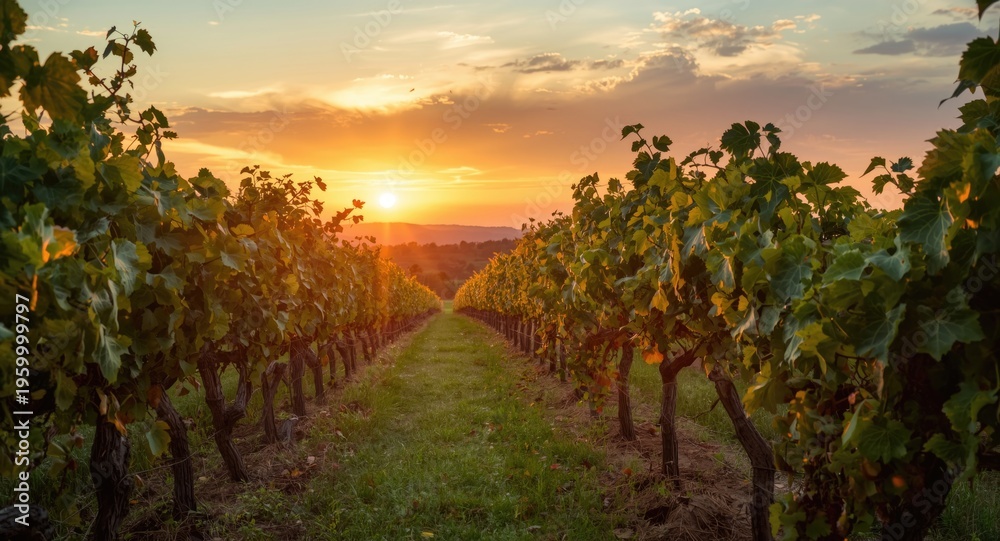 Fototapeta premium Lush grapevine field glowing under summer sunset hues