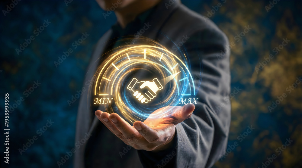 Fototapeta premium Hand holding glowing trust meter with handshake icon in business collaboration concept