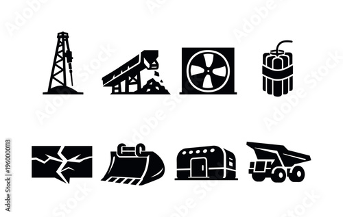 Mining engineering operations: drill rig mast tower, ore conveyor chute, ventilation shaft fan, blasting charge stick bundle, mineral vein fracture line, excavation bucket scoop