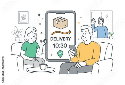 An everyday consumer checking delivery status and estimated arrival time from home using a digital service, illustrated through a central smartphone paired with a small parcel and