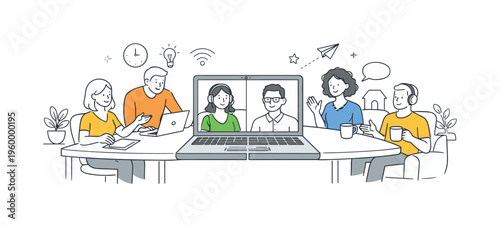 A hybrid work and flexible office culture scene showing employees collaborating across remote and in-office settings together around a large split workspace and a connected laptop