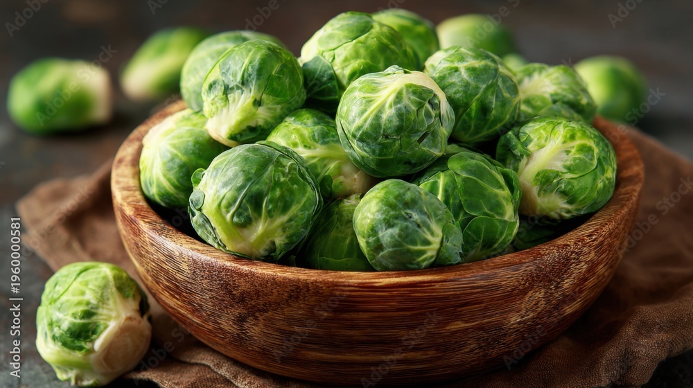 Fototapeta premium Brussels sprouts piled in wooden bowl on cloth covered surface