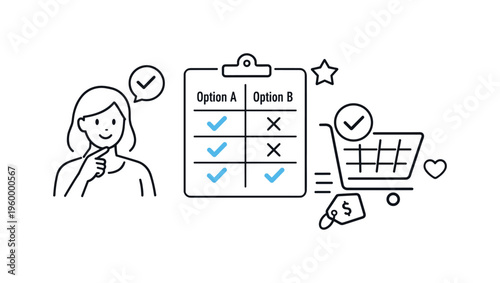 Quick shopping interaction and making confident product choices through modern everyday consumer behavior, a clean comparison chart combined with a small shopping cart icon