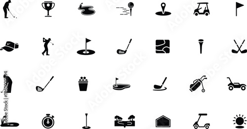 golf sport silhouette icons set: equipment, players, and club tournament vector illustration