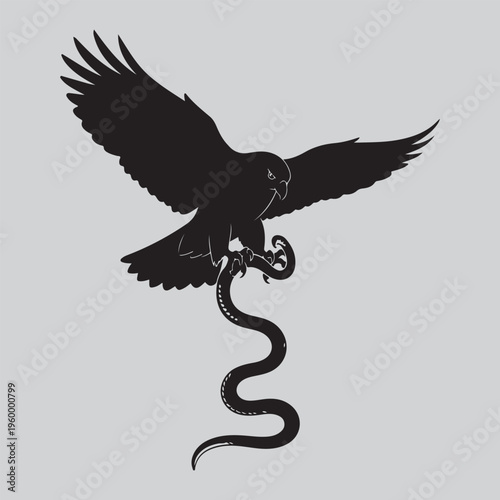 hawk aerial snake lift capture silhouette vector design art and illustration