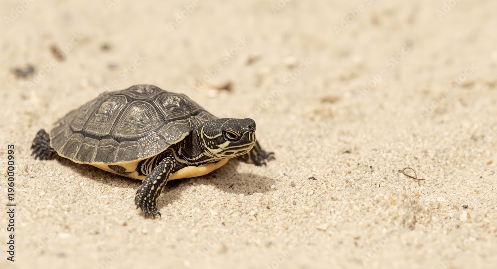 Obraz premium Freshly hatched baby turtle in motion on soft sandy ground with copyspace for text