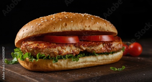 Hearty chicken doner sandwich with fresh ingredients and copy space
