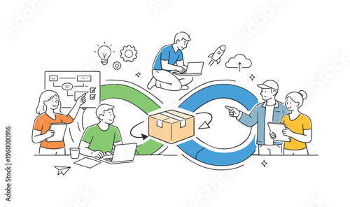 A product lifecycle management and continuous delivery scene showing a cross-functional team planning, building, and releasing updates together around a large loop cycle and a