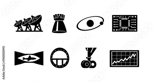 Aerospace engineering systems: satellite dish array, rocket engine nozzle, orbital path ellipse, avionics circuit module, wind tunnel test section, fuselage cross-section frame