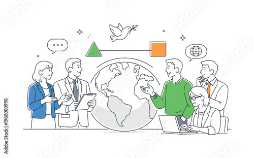 A group of diplomats and analysts addressing international tensions and negotiating solutions in a global political environment, focusing on conflict management and dialogue