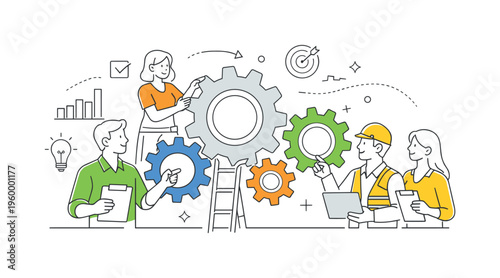 A team of engineers collaborating on process optimization and system efficiency in an industrial or business environment, focusing on coordination and workflow improvement