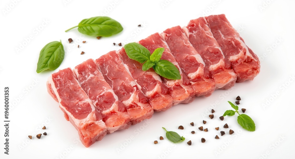 Fototapeta premium Raw pork ribs prepared with fresh basil and peppercorns on white background for cooking ideas