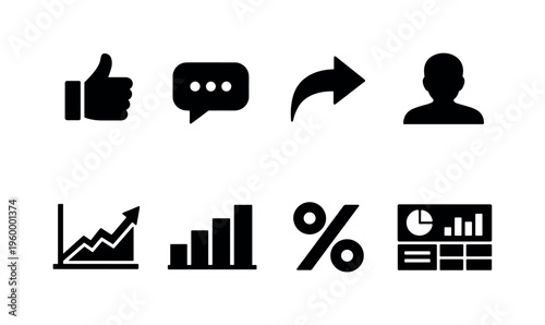 Social media engagement metrics: like counter, comment counter, share counter, follower count, reach graph, impressions chart, engagement rate, analytics dashboard