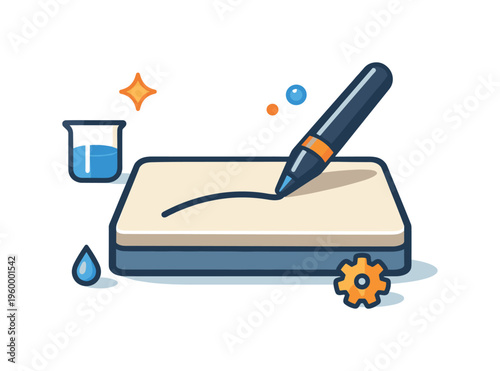 Stone lithography plate preparation and grease drawing process in traditional printmaking studios, a flat stone surface with a simple drawing tool applying a single line indicating