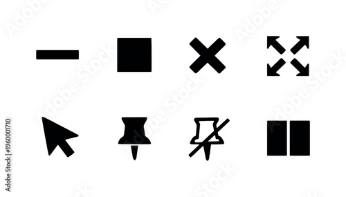 UI window controls: minimize dash, maximize square, close cross, resize arrows, move cursor, pin window, unpin window, split screen