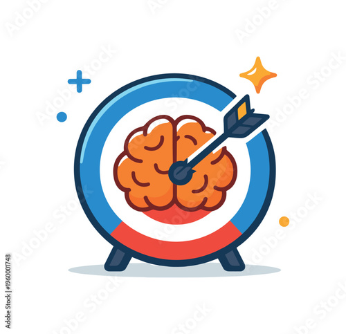 Mental focus and productivity enhancement centered on minimizing distractions and achieving high performance in daily tasks, a target combined with a brain and a small star forming