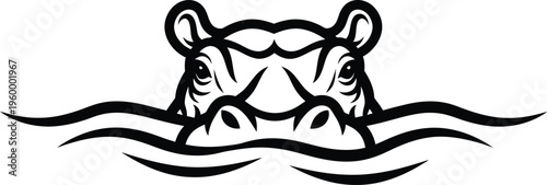 Black and white illustration of a hippopotamus head above water