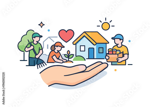 Volunteering and community support activities in a local neighborhood environment, illustrating collective effort and social responsibility through simple acts that strengthen