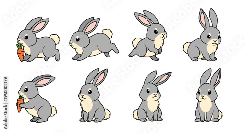 Cartoon Grey Rabbits Eating Carrots.