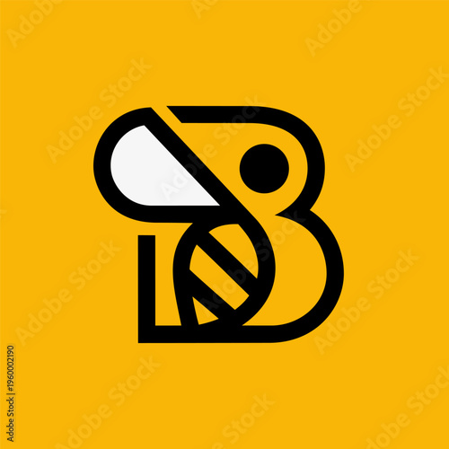 Geometric line art letter B bee logo symbol. Minimalist honeybee insect icon on yellow background. Modern abstract letter B monogram logo. Integrated honey bee and typography sign for tech or branding