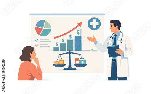 Medical financial analysis scenario showing a specialist assessing rising healthcare costs and resource allocation within a modern system, with a character observing a simplified