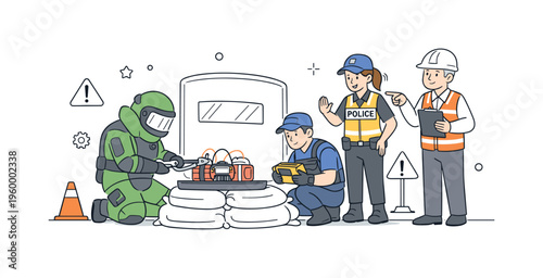 A public safety scenario where trained professionals carefully handle and neutralize hazardous explosive devices to protect people and infrastructure, visualized through a small