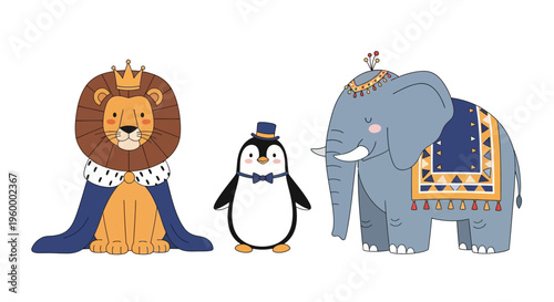 Cartoon Lion Elephant Penguin Illustration Characters.