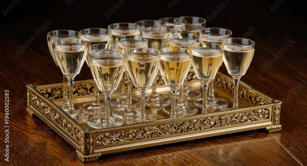 Fototapeta premium Ornate party tray filled with chilled champagne glasses for festivities