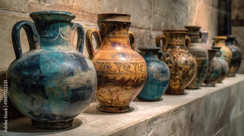 Ancient ceramic vases arranged on museum stone shelf