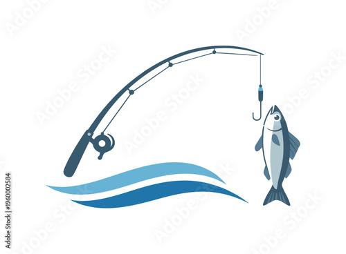 Saltwater fishing activity and recreational coastal lifestyle in an outdoor environment, represented by a simple fishing rod combined with a single fish and a subtle wave element